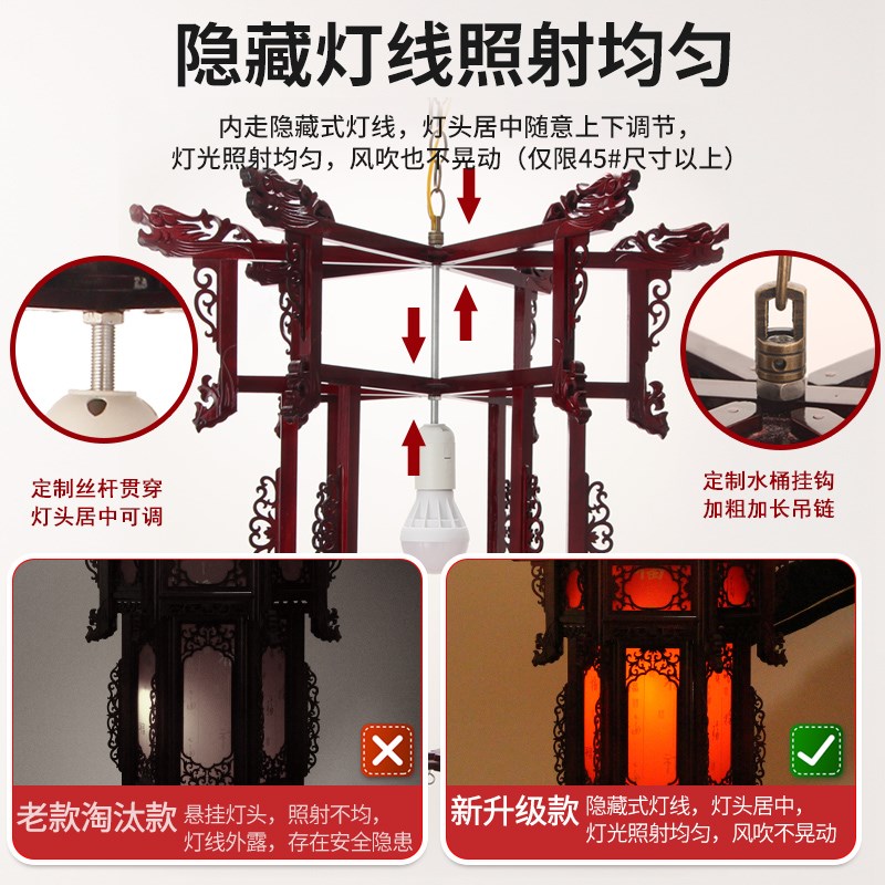 实木宫灯中式阳台大红六角羊皮古典春F节新年吊灯挂饰户外彷古灯