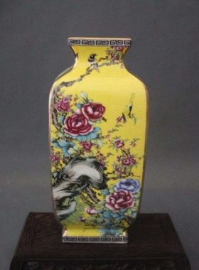 清乾隆黄地珐琅彩花鸟四方花瓶仿古瓷器家居客厅摆件古董古玩收藏