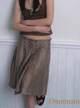 OTPé 天丝棉亚麻质感复古褶皱气眼低腰A字半裙百褶五分裙