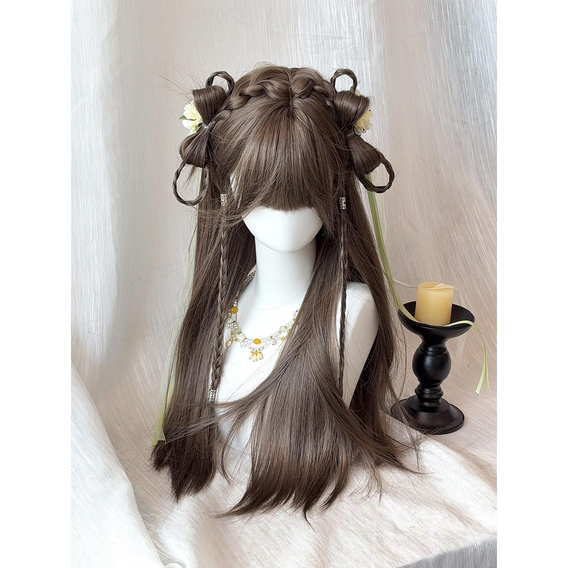 【小师妹】假发女编发齐刘海长直发奶茶色甜美减龄彷真整顶全头套