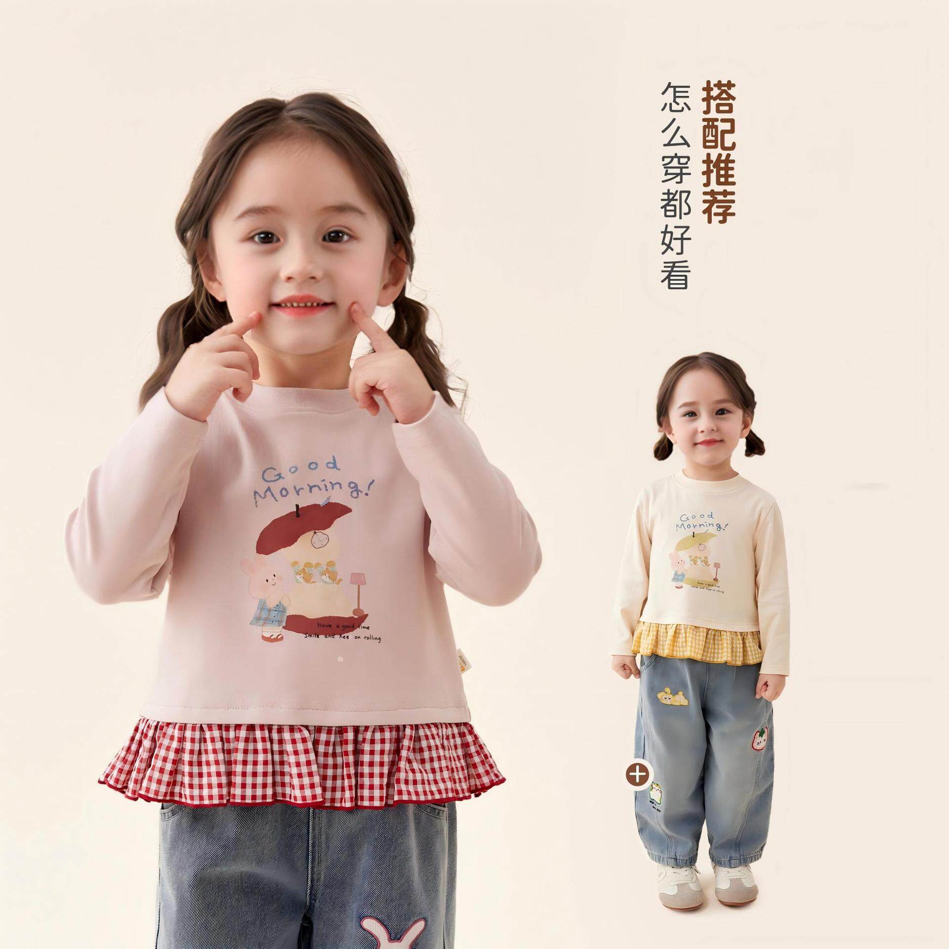 女童秋款圆领卡通T恤儿童莱卡棉印花长袖上衣宝宝休闲花边打底衫