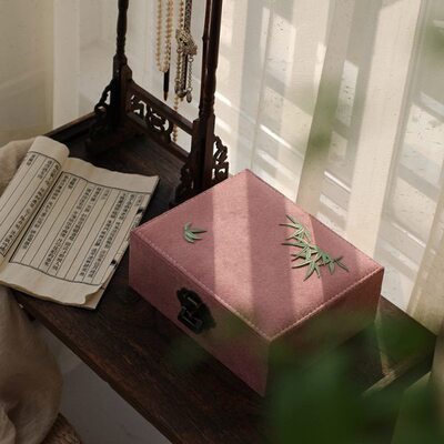 首饰盒中式方绣花来日古锁 刻字奁及笄妆古风礼物收纳盒双层 长