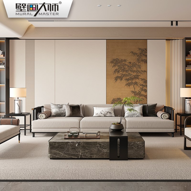 宋代美学壁纸新中式拼色壁布纸国风禅意竹子墙布茶室包.厢背景墙