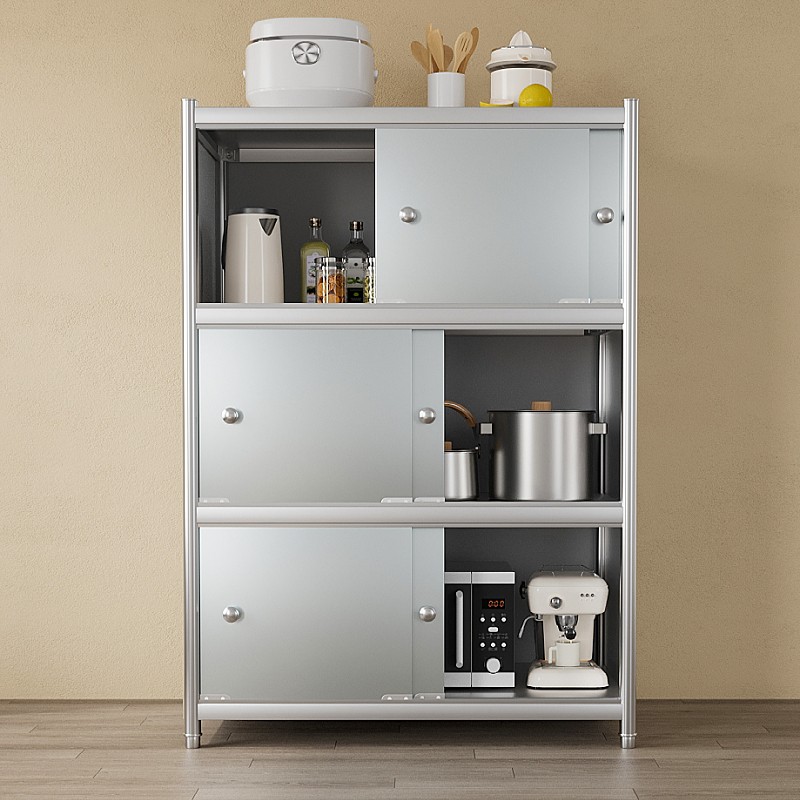 不锈钢置物架带门柜门厨房落地微波炉架子家用收纳橱柜.带背板多