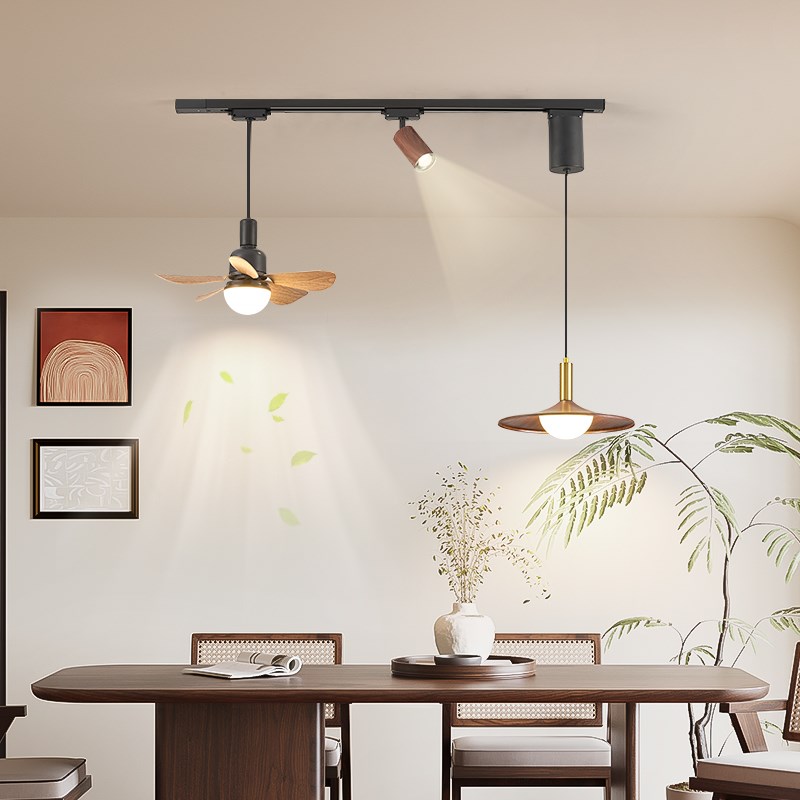 餐厅风扇灯2025新款胡桃色中古风可移动轨道灯护眼三头餐桌电扇灯