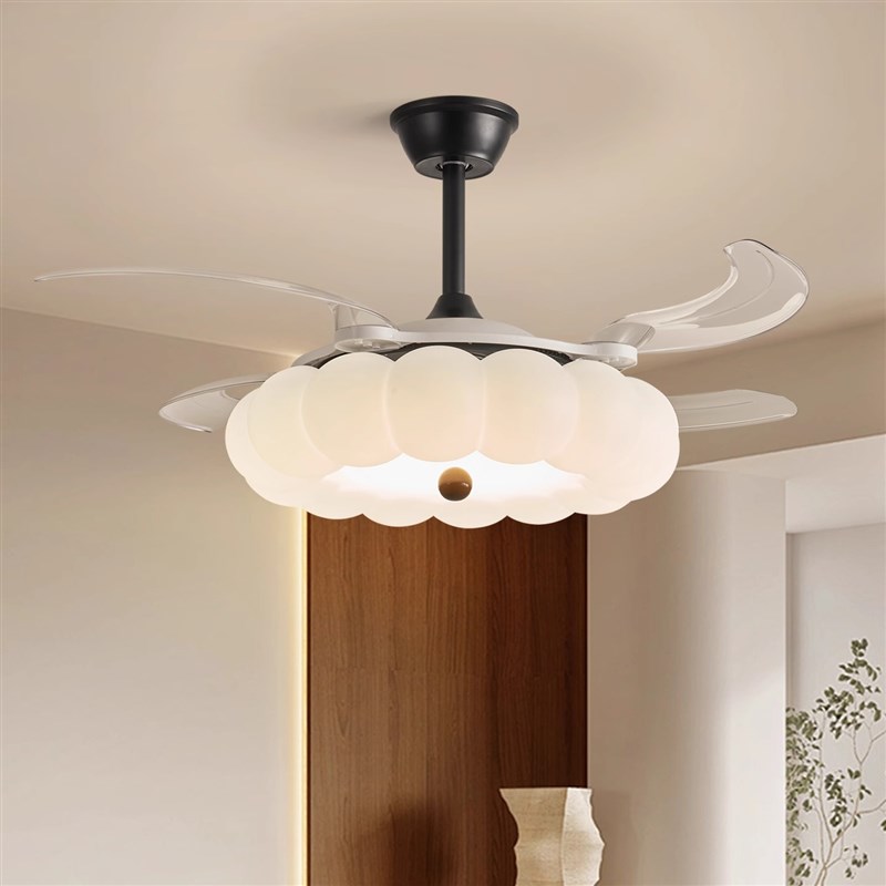 奶油风隐形风扇灯2025新款餐厅吊扇灯北欧网红泡泡卧室静音电扇灯