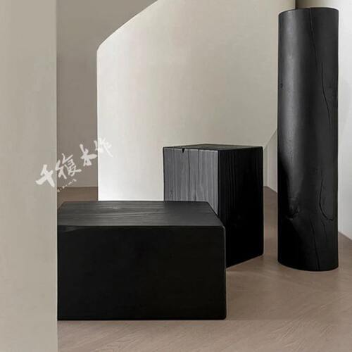 原木边几整块实木茶几方形墩子碳化黑色哑光客厅侘寂日式客厅民宿