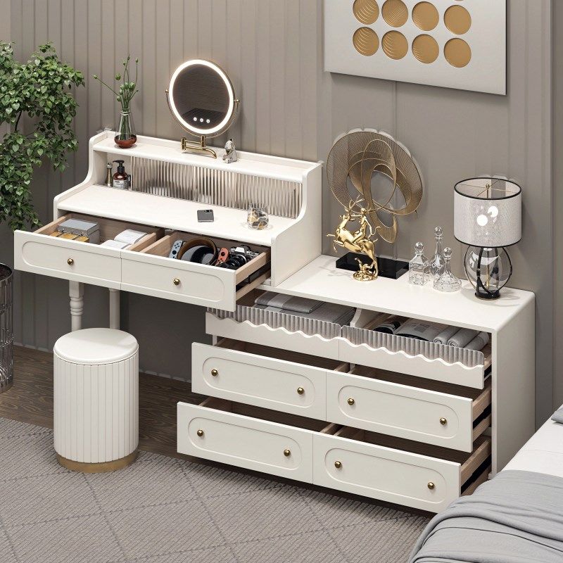 实木烤漆梳妆台斗柜一体奶油风简约韩式I轻奢高级感新款白色化妆