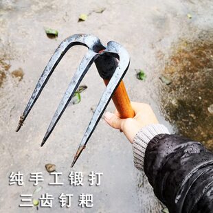 户外柄耙木钉三挖洞打花锄头纯手工种锻打种园艺工具菜齿耙子眼