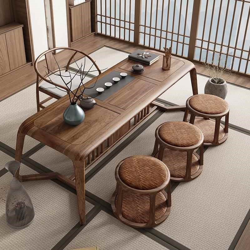 新中式胡桃木茶桌现代禅意家用实C木泡茶桌椅茶台原木功夫阳台茶