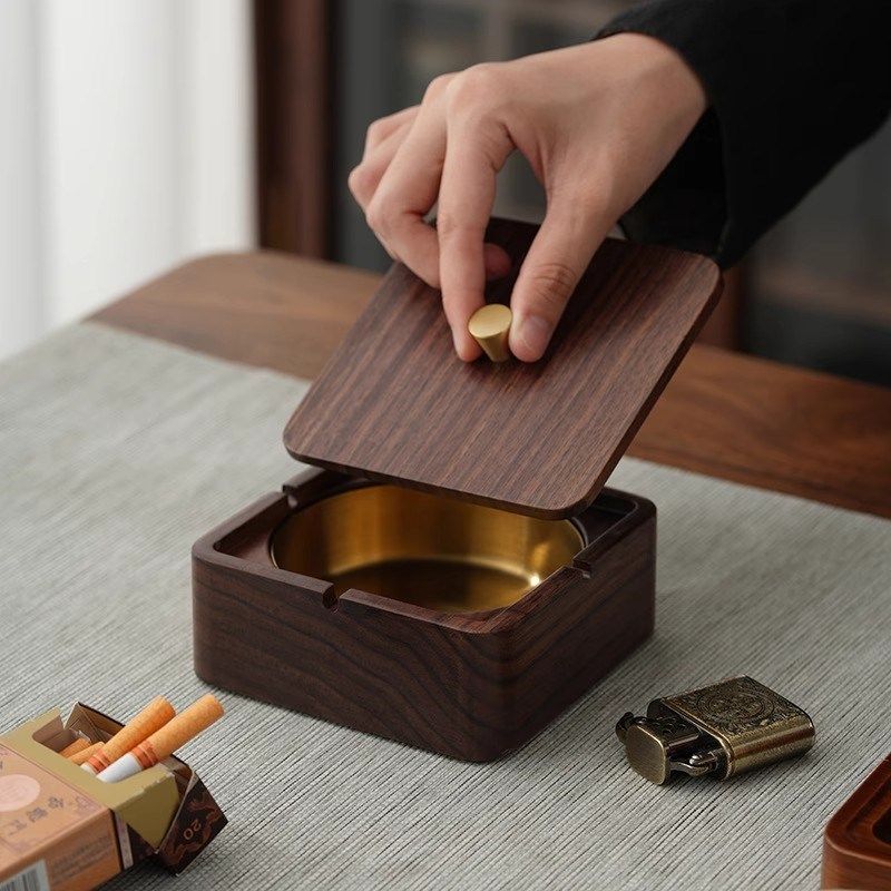 北美黑胡桃木实木烟灰缸家用客厅办公室带M盖防飞灰新中式创意轻