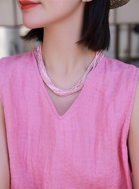 麻霖原创设计日本进口古董琉璃珠奶粉银粉双色银镀W金项链锁骨链