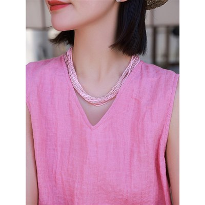 麻霖原创设计日本进口古董琉璃珠奶粉银粉双色银镀W金项链锁骨链