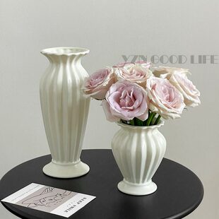 高脚玫瑰鲜花客厅摆件陶瓷花瓶高级感奶油复古法式轻奢插花水养风