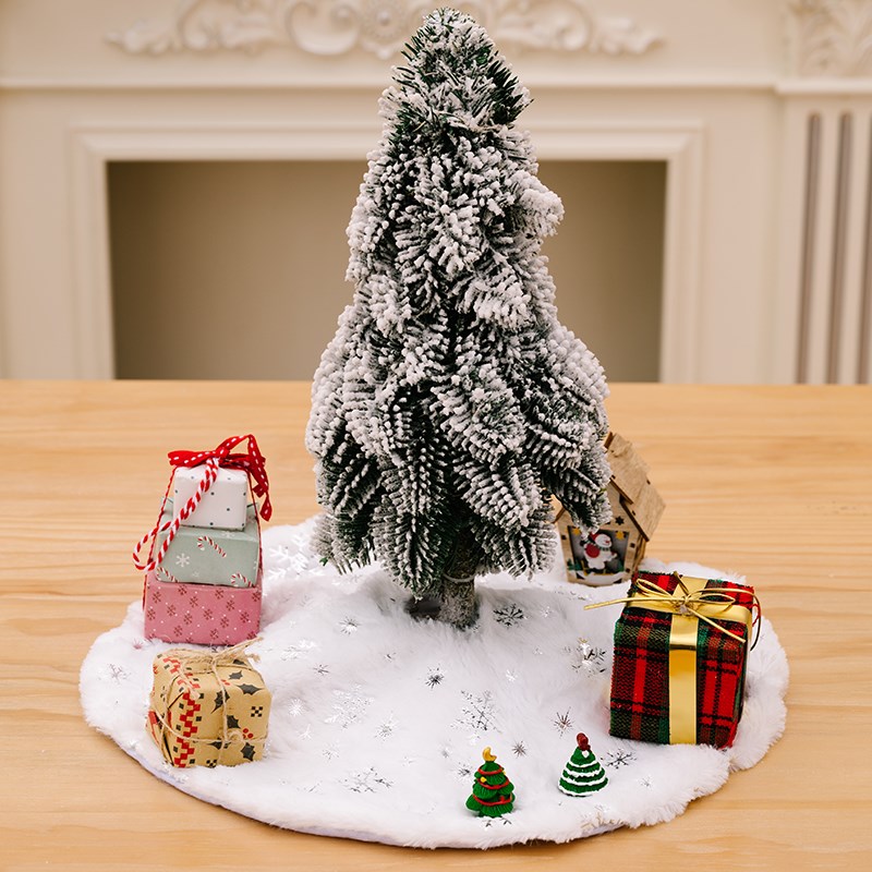 圣诞节装饰品迷你树裙桌面摆件树垫烫金雪花S亮片毛绒前台摆饰