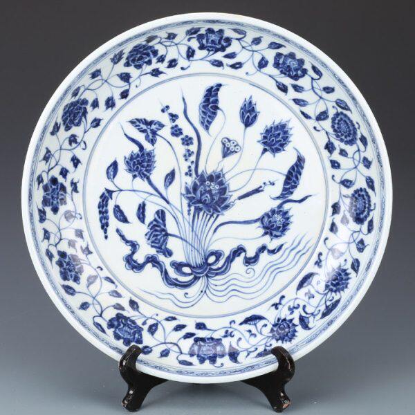 大明宣德青花一束莲纹盘 仿古瓷器古董收藏品摆件