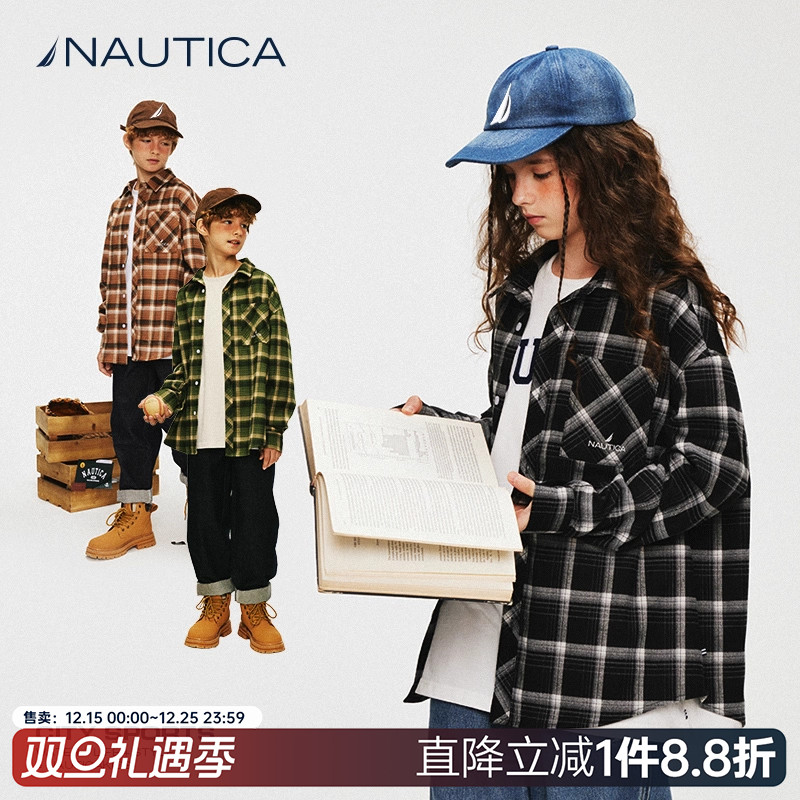 NAUTICA/诺帝卡童装 男女童格子长袖衬衫秋冬季儿童外穿加厚外套