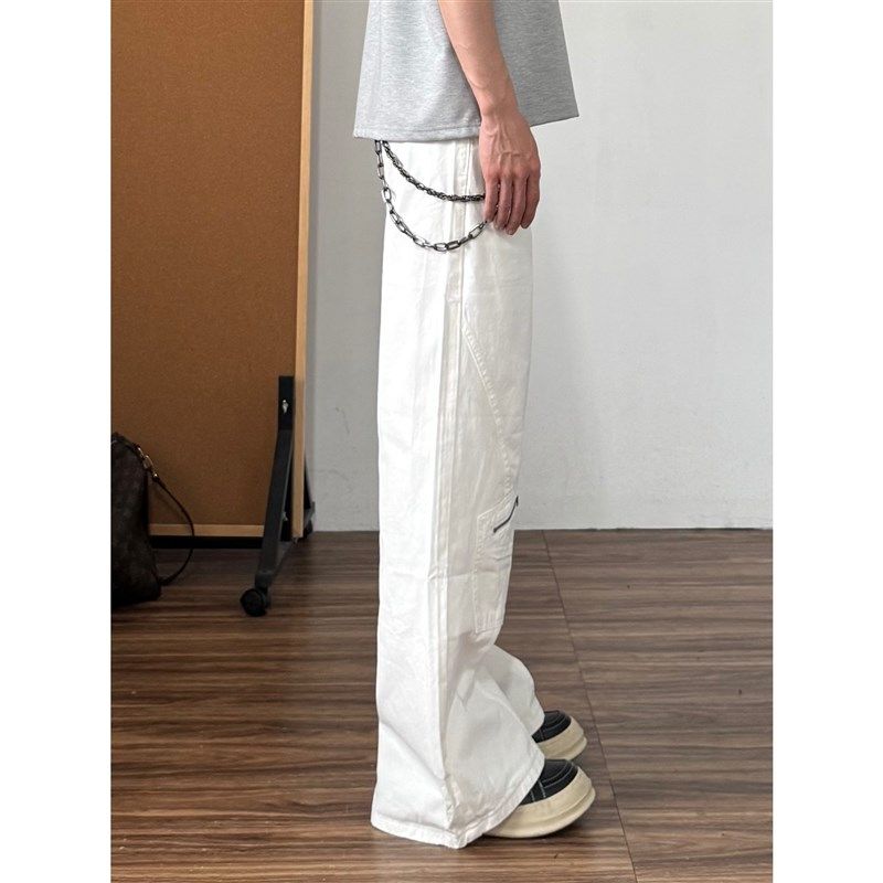 qt studio白色微喇牛仔裤男女美式复古宽松阔腿休闲工装裤子长裤