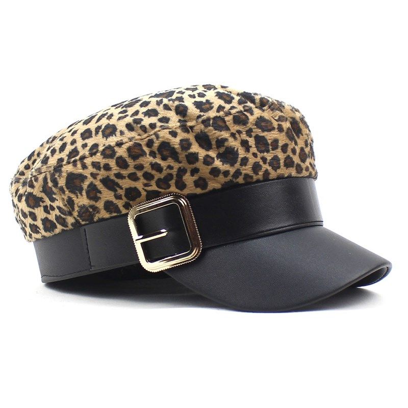 女士豹纹帽子金属扣PU拼接鸭舌帽秋冬款海军帽平顶弯檐棒球帽