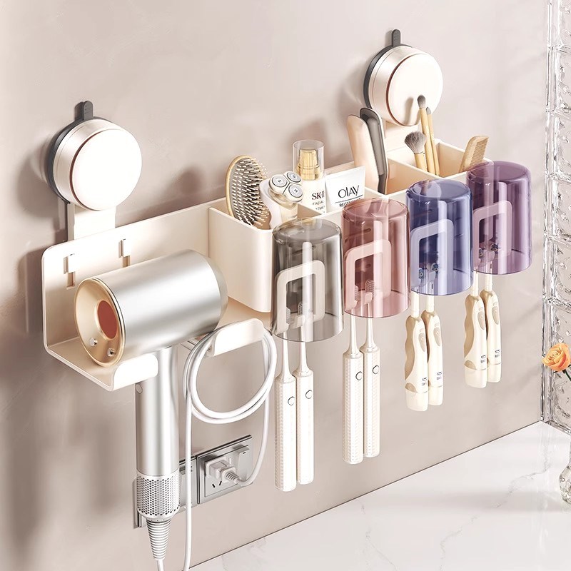 吸盘吹风机架免打孔一体支架卫生间牙刷置物O架浴室挂墙牙具漱口