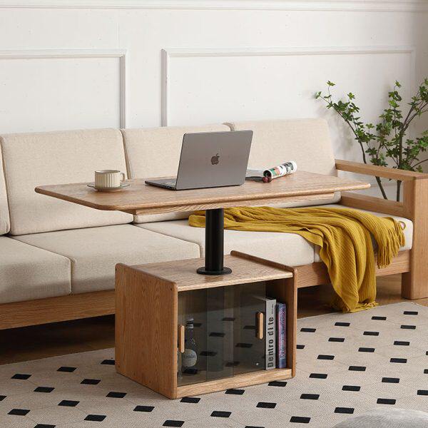 纯实木升降茶几橡木家用茶桌餐桌两用原木客厅现代简约储物茶台