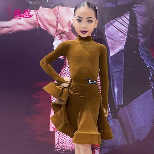 薇妮拉丁舞服比赛规定服高领长袖丝绒国标演出服女童2024新款春秋