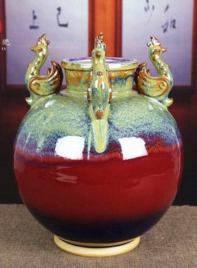 禹州钧瓷花瓶家居客厅玄关摆件钧窑变陶瓷红色大肚古典招财四季罐