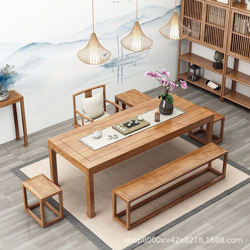 新中式实木茶桌办公室会t客桌椅家用功夫茶台榆木茶桌马蹄桌组合