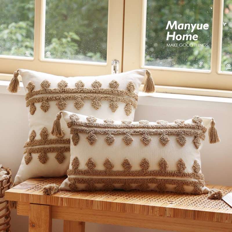 蔓越家 民族风圈绒抱枕靠背北欧简约F沙发抱枕套民宿床头靠垫含芯
