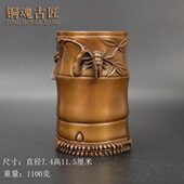 紫铜笔筒书房摆件知了蝉桌面办公室收纳装 饰品教师节礼物文房用品