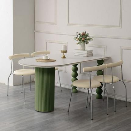 法式岩板餐桌椅现代简约小户型轻奢家用奶油风大理石半圆岛台饭桌