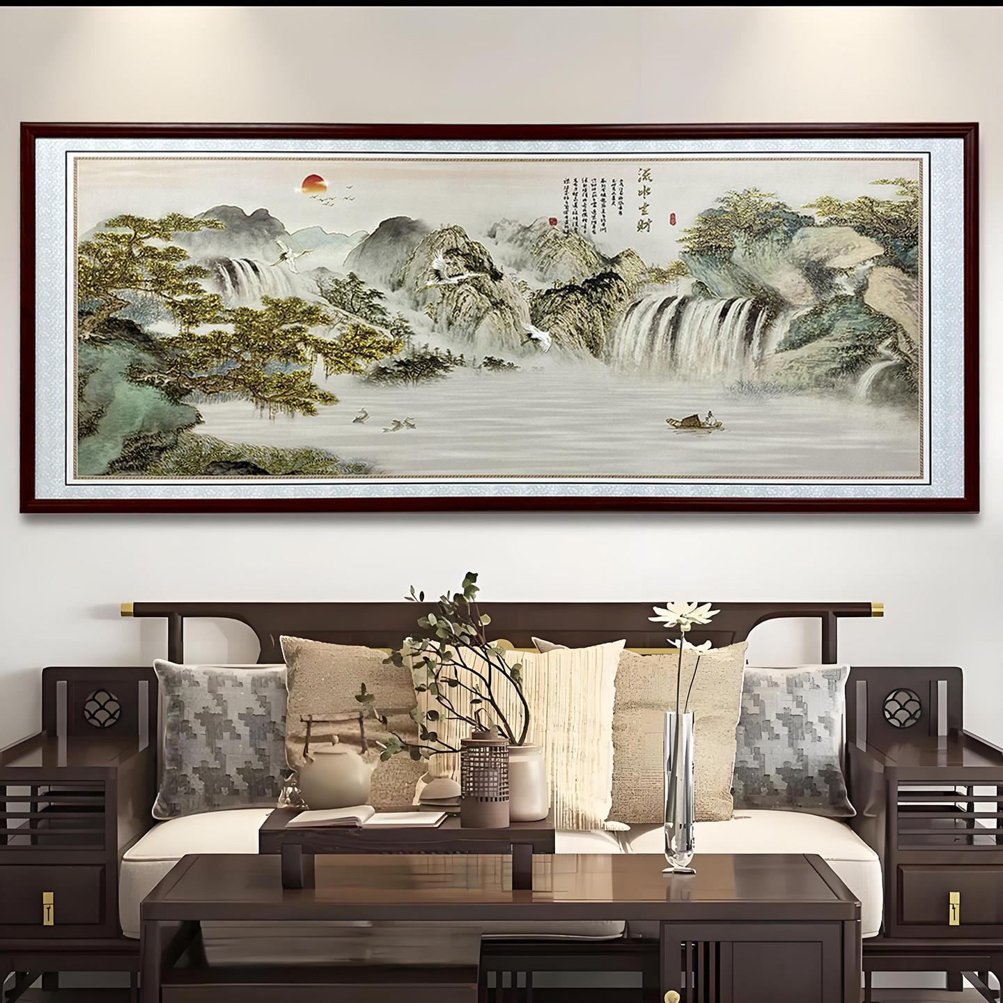 鎏金立体浮雕装饰画新中式客厅山水画茶室办公室横幅挂画带灯光