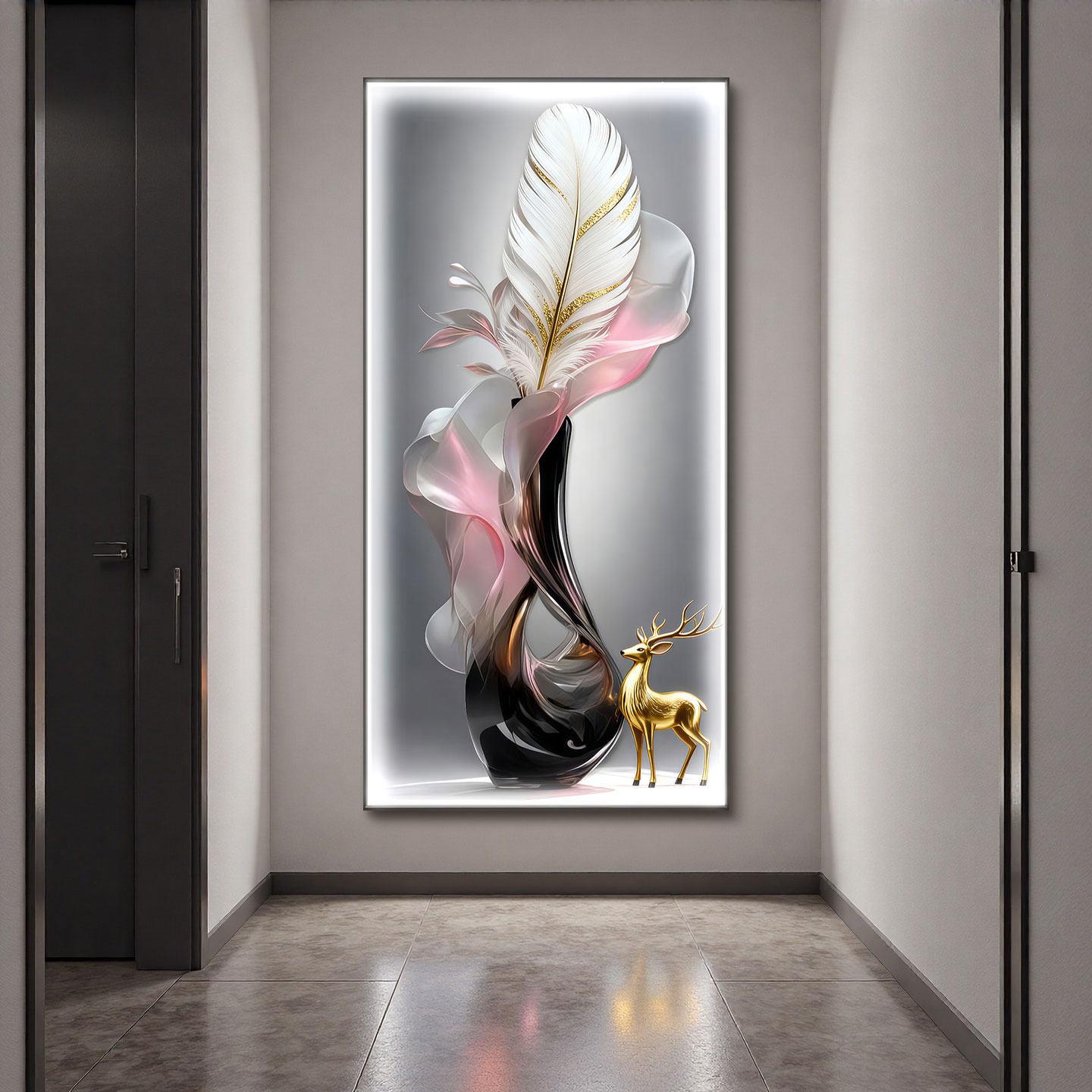 现代北欧玄关装饰画LED灯花瓶入户正对门走廊挂画新中式客厅壁画