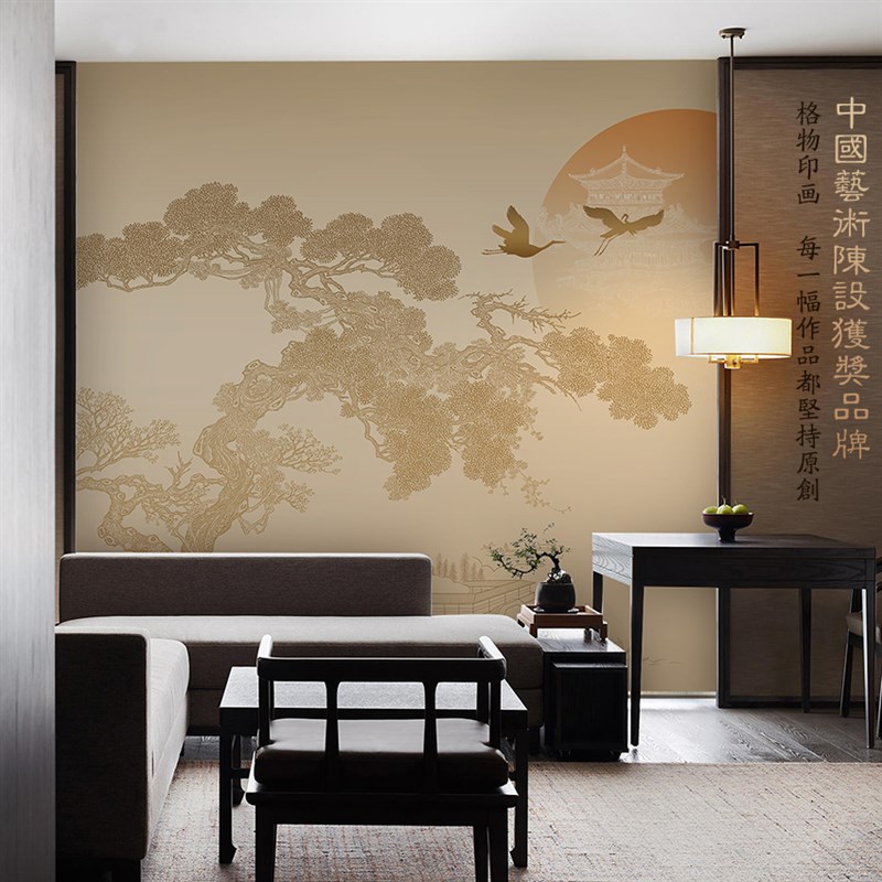 新中式迎客松浮雕壁布酒r店茶水间背景墙壁纸饭店装修包厢古风墙