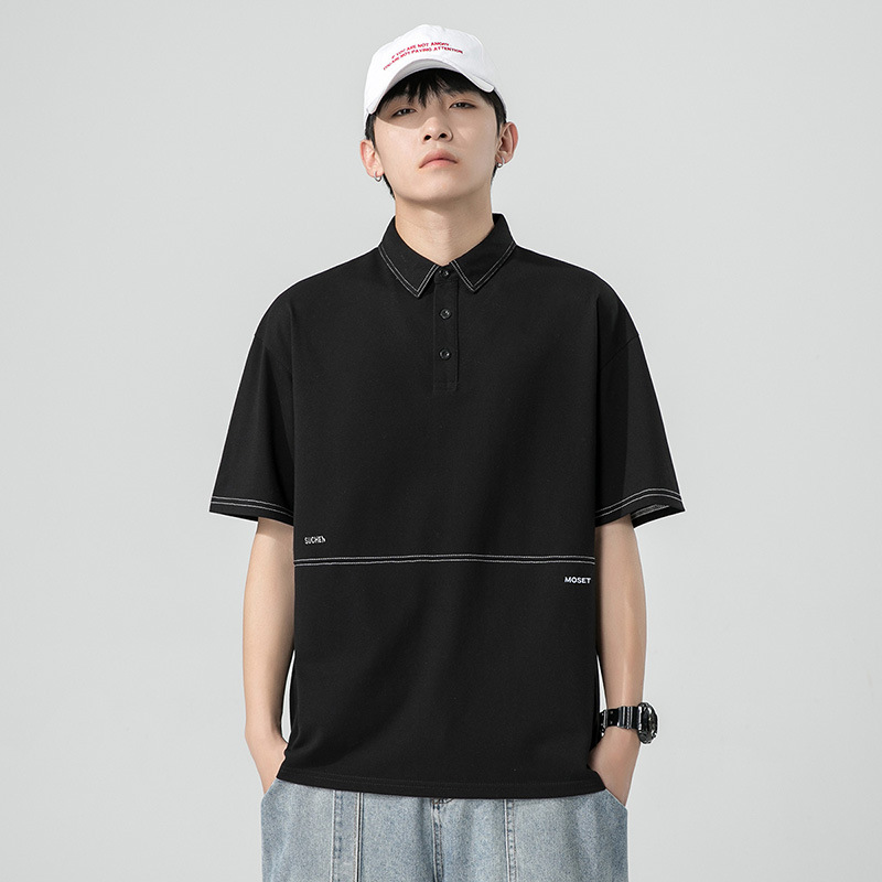 经典款~夏季立领短袖polo衫青少年日系休闲刺绣士t恤半袖男士上衣