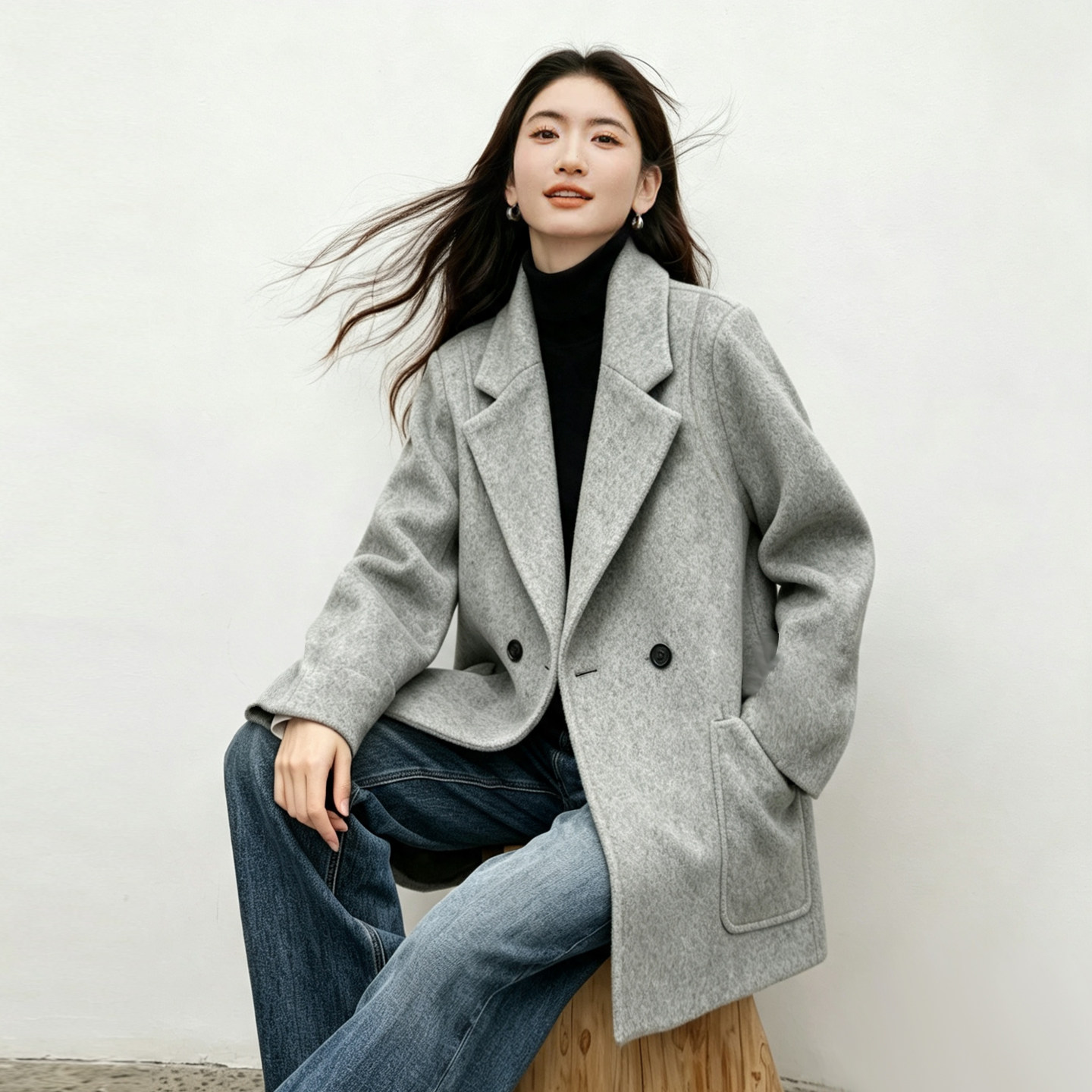 简约中长款毛呢外套女西装领双排扣宽松显瘦百搭气质休闲呢子上衣