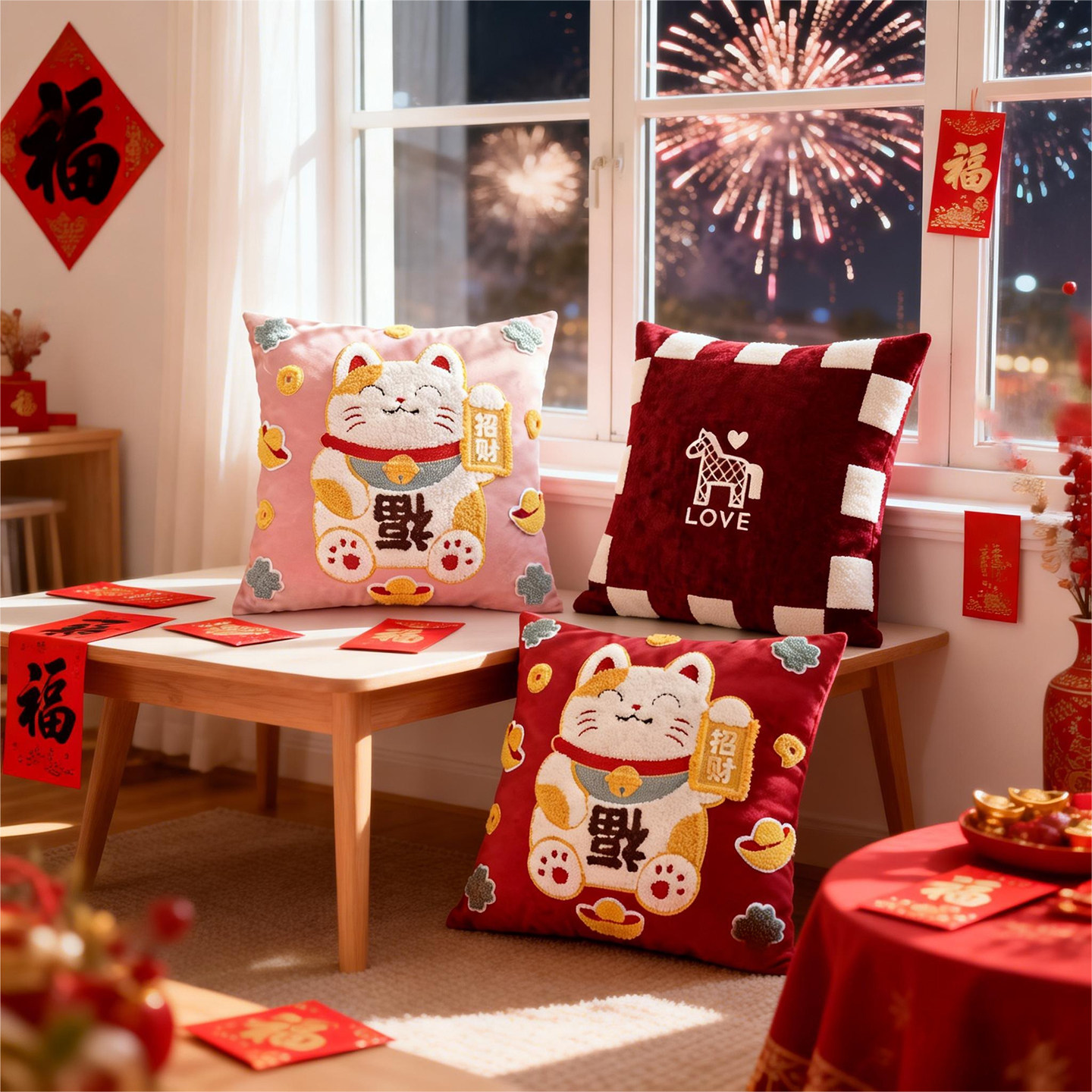 招财猫福字刺绣抱枕沙发客厅腰靠枕轻奢高级感新年红色绣花抱枕套