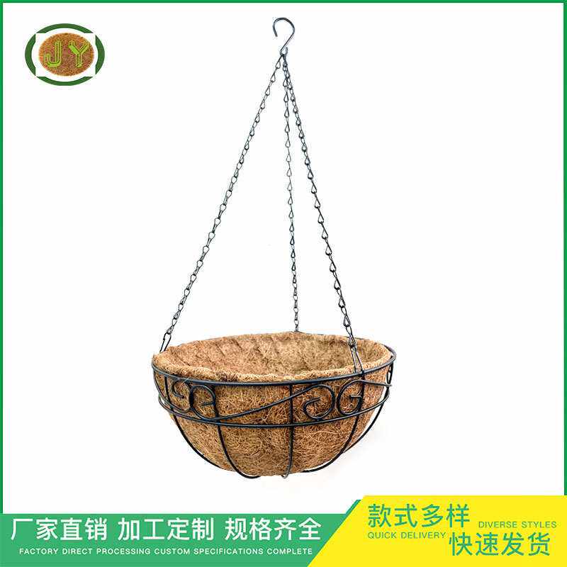 热卖椰棕圆形铁艺挂壁花盆圆形吊篮悬挂花盆墙壁花篮