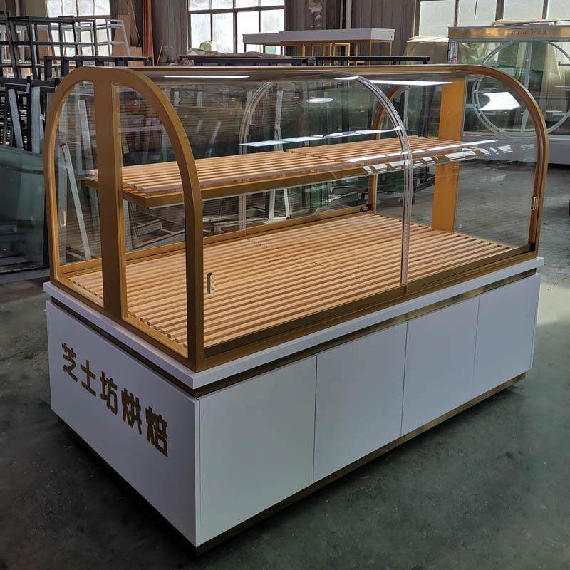 圆弧形中岛柜展柜中岛镀玻璃新款铁艺面包柜蛋糕模型钛不锈钢现货
