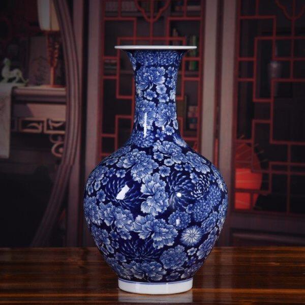 爆花瓶收藏品家居摆设装饰品釉下青花瓷款客厅现代简约瓷器摆件彩