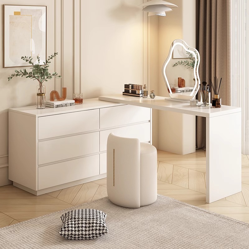 法式奶油风梳妆台斗柜一体实木卧室网红储物柜白色转角Z伸缩化妆