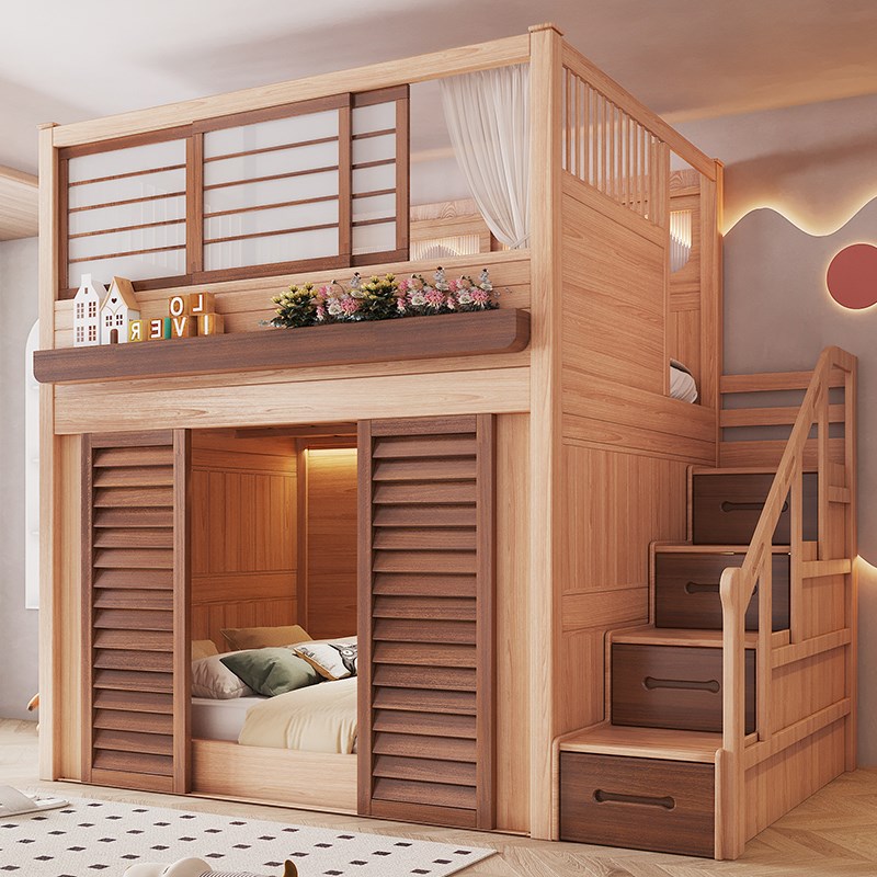 小户型上下隔断一体床 互s不打扰姐弟分隔床带推拉门双人2米双层