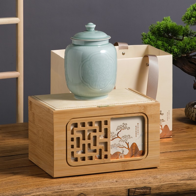 现货2022新款竹盒陶r瓷罐茶叶包装盒空礼盒绿茶明前龙井碧螺春包