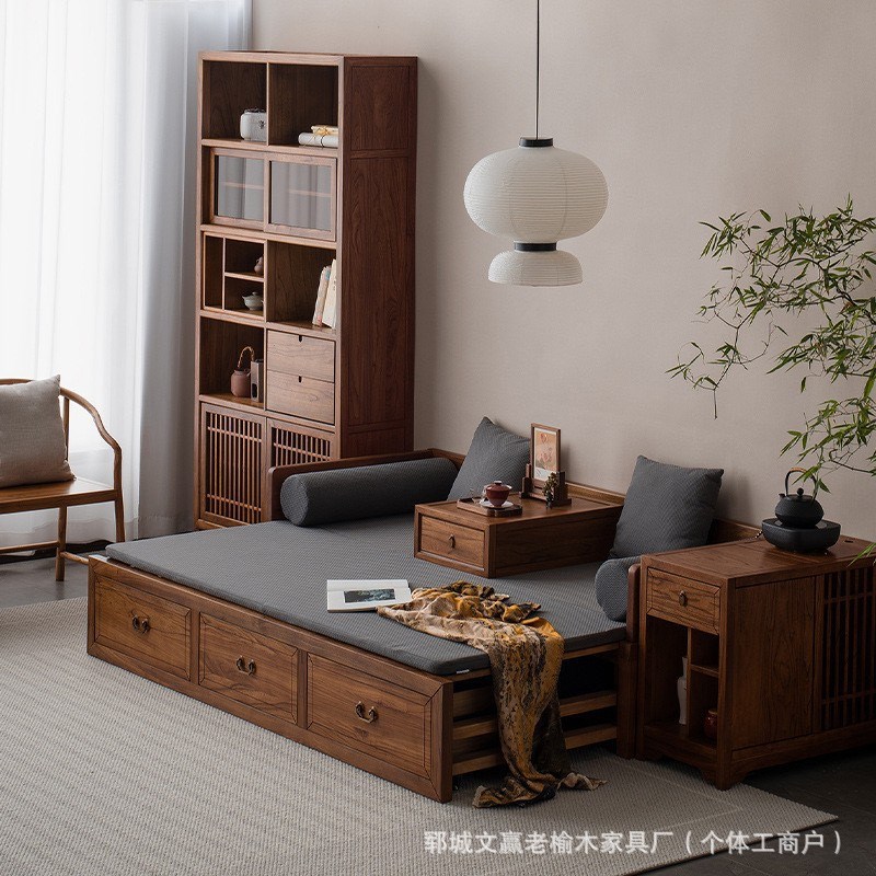 老榆木新中式罗汉床复古沙v发床沙发客厅家具组合实木茶楼仿古家
