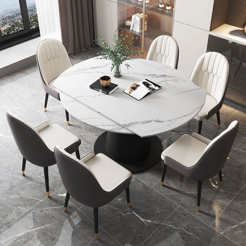 岩板餐桌现代简约家用旋转折叠圆形亮光饭桌O多功能伸缩餐桌椅组