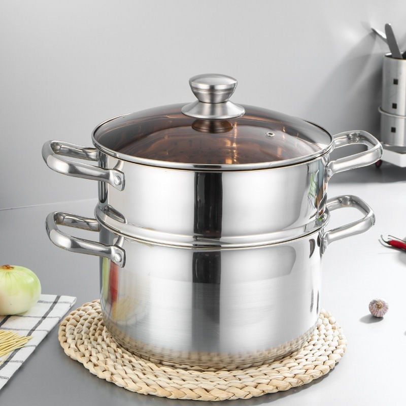 不锈钢双层加厚双耳汤蒸锅带蒸笼家用煮粥煲汤火锅电磁炉通用锅具