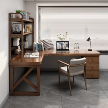 实木转角桌书桌书柜书架一体整墙组合定制L型拐角桌7字型学习桌子