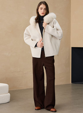 桐乡合盈 狐梦2025秋冬新款双面毛呢大衣短款真毛领外套高级感女