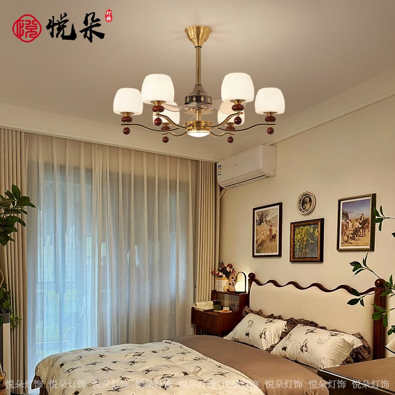 风扇灯中古风全铜实木吊扇灯新中式客厅灯卧室餐厅一体智能电扇灯