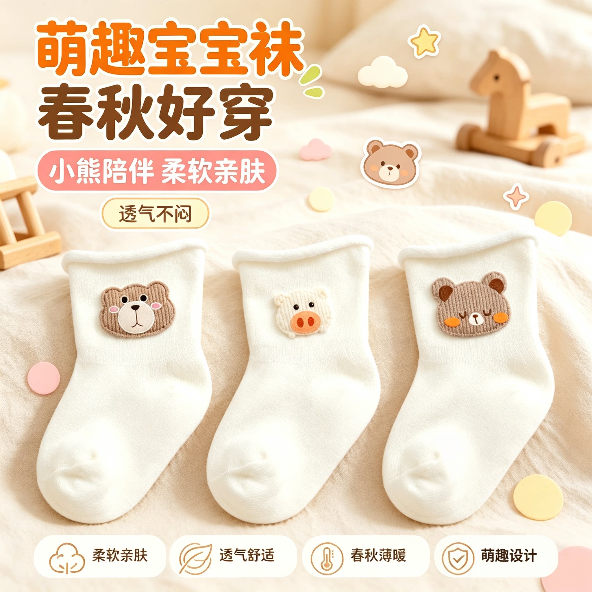 婴儿袜子春秋款A类纯棉卡通中筒袜新生儿宝宝松口无骨袜可爱棉袜